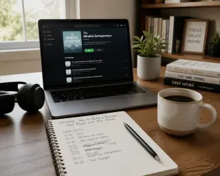 Tidy home office desk with laptop showing a podcast, a notepad with detailed notes and timestamps, a cup of coffee, wireless headphones, books, and a potted plant in natural daylight.