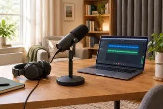 A home studio desk setup with a USB microphone on a stand, closed-back headphones, and a laptop running audio software, all in a cozy, well-lit room with curtains and soft furnishings.