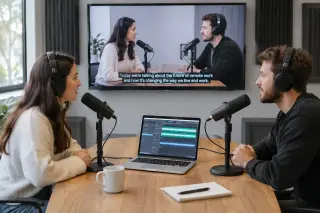 Two people recording a podcast in a bright, modern studio, with a screen in the background showing their video podcast and live English captions.